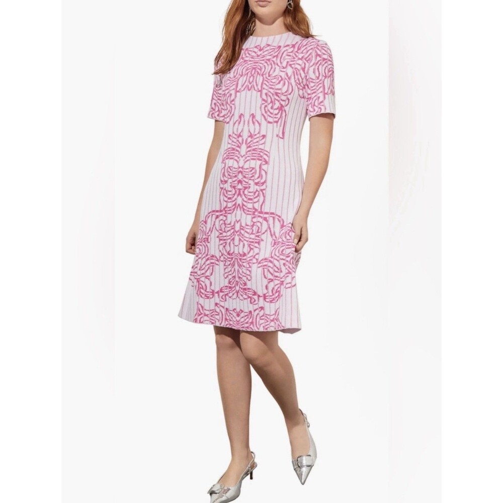 NWT Ming Wang Jacquard Rib A Line Dress Womens Sz L Carmine Rose Short Sleeve